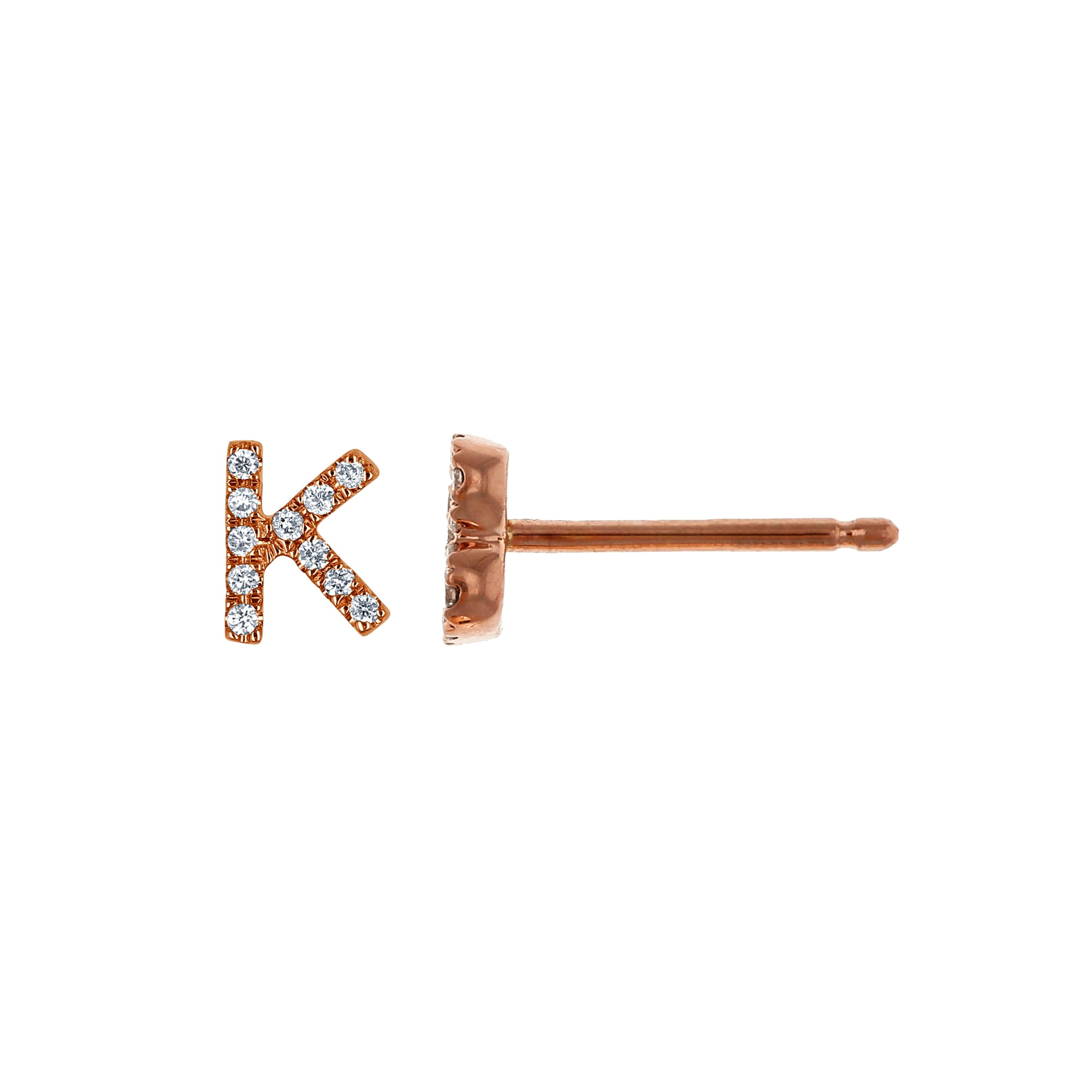 14K Rose Gold Diamond K Initial Letter Personalized Micro-set Single Earring Stud