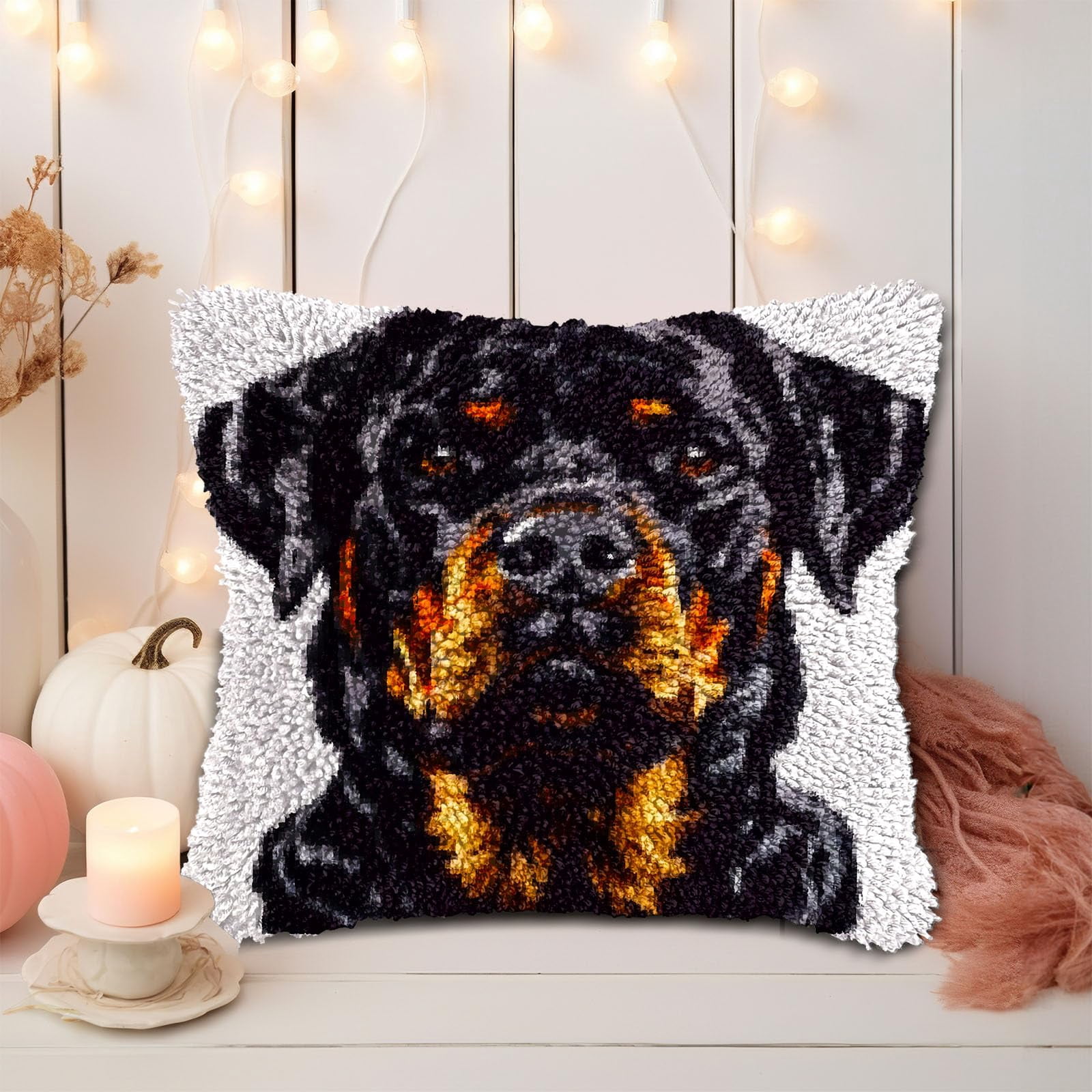 Black Dog Rottweiller DIY Latch Hook Pillow Kits for Adults Printed Pillowcase Crochet Yarns Hooking Handmade Pillow Cover Cushion for Home Sofa Decoration 17x17inch(2)
