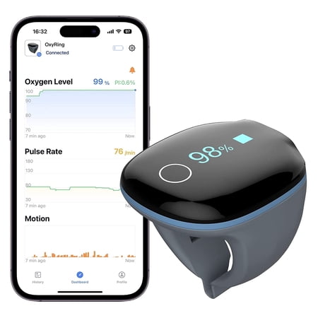 Wellue O2ring Oxygen Finger Monitor for Sleep/Sport | Continuously Tracks Oxygen Level & Heart Rate| Vibration Alarm| FreeAPP & PC Software