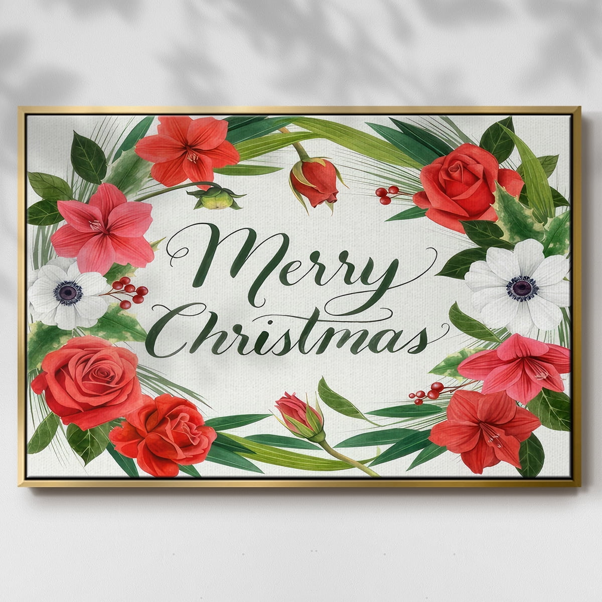 Christmas Flora Wreath Collection A - Framed Gallery Wrapped Holiday Canvas - 17 x 25 - Gold Frame