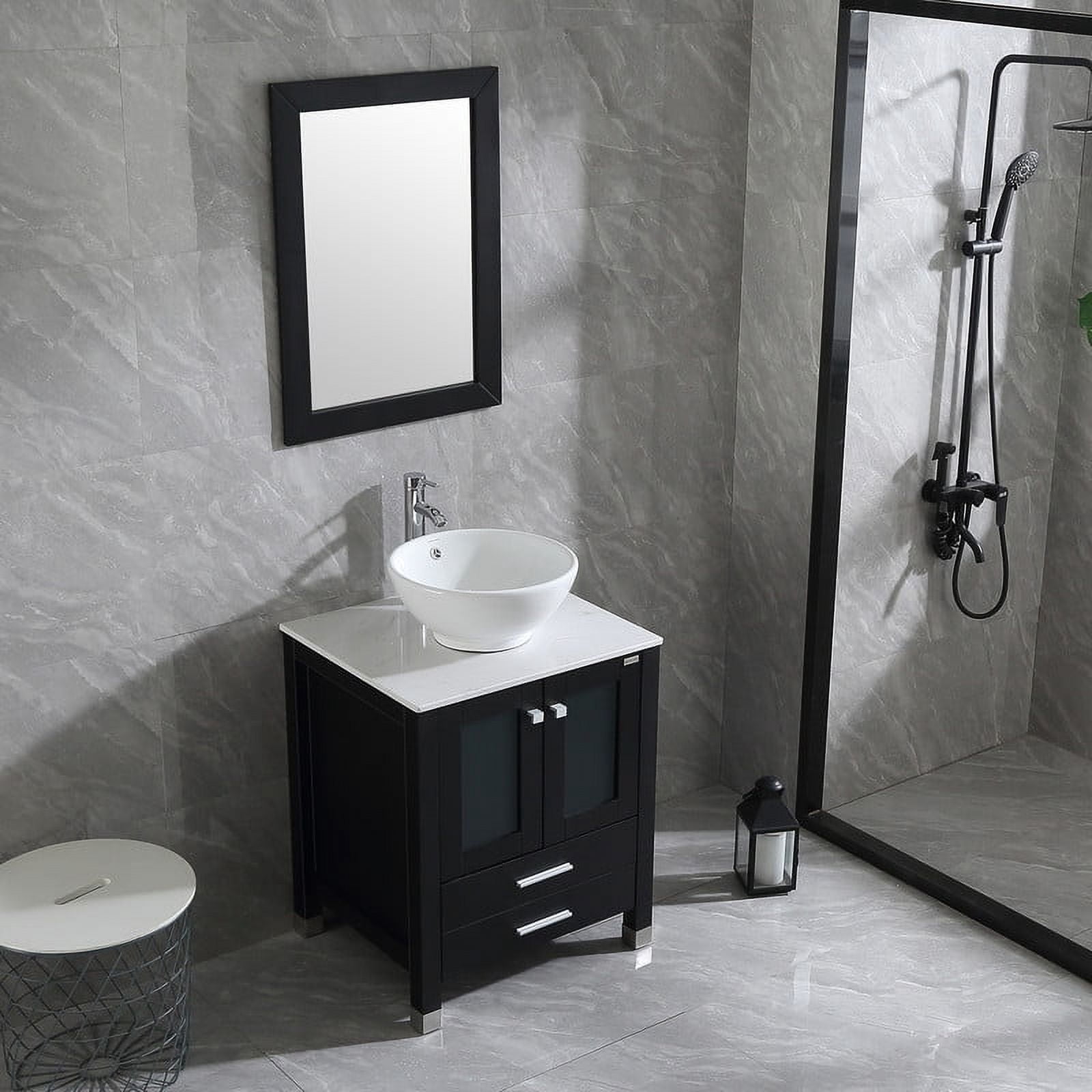 Walsport 24" Luxurious Bathroom Vanity and Sink Combo Wood Cabinet Top Round Ceramic Vessel Sink Faucet Drain Combo with Mirror Vanities Set,Black