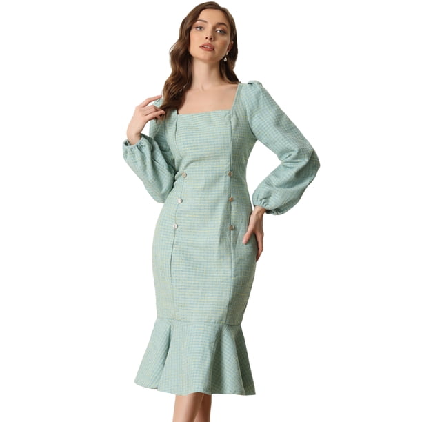 Vestido midi con Volantes y Manga Farol con Cuello Cuadrado Vestido de Tweed con Fishtail Dobladillo para Mujer Verde claro S