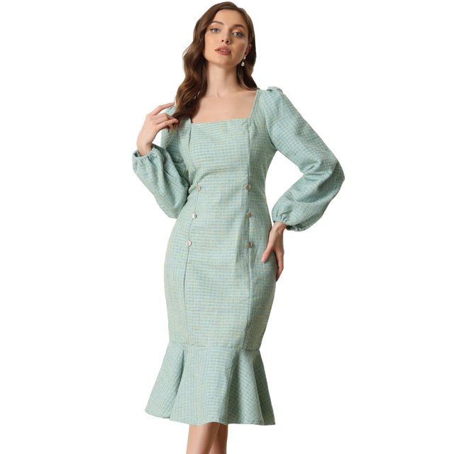 Vestido midi con Volantes y Manga Farol con Cuello Cuadrado Vestido de Tweed con Fishtail Dobladillo para Mujer Verde claro M