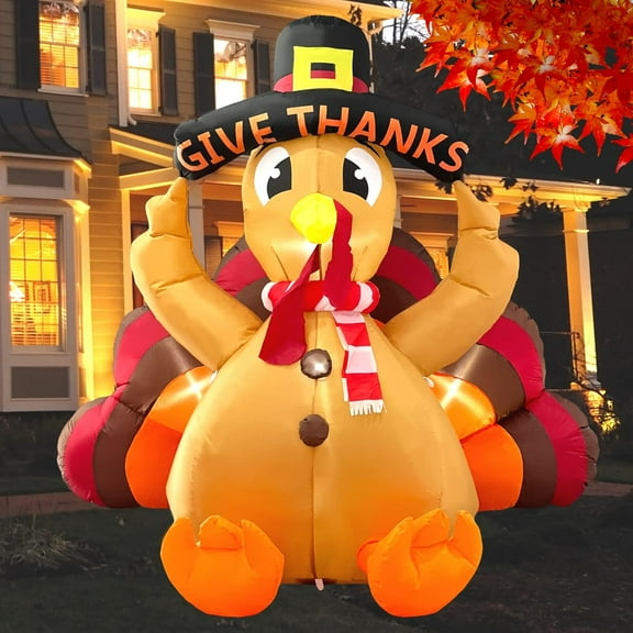 Thanksgiving Inflatable Turkey Lawn Decoration 6ft Giant Blow Up Turkey Inflatables Outdoor Yard Decorations with Pilgrim Hat Led Light for Happy Fall Holiday Indoor Outside Autumn Home Decor