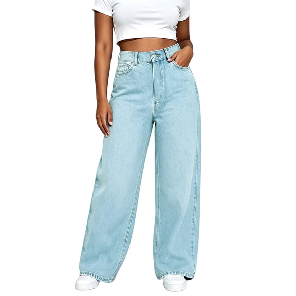 TFEOQRY Womens Straight Denim Pants with Pockets High Waist Loose Causal Wide Leg Jeans for Daily Street Wear