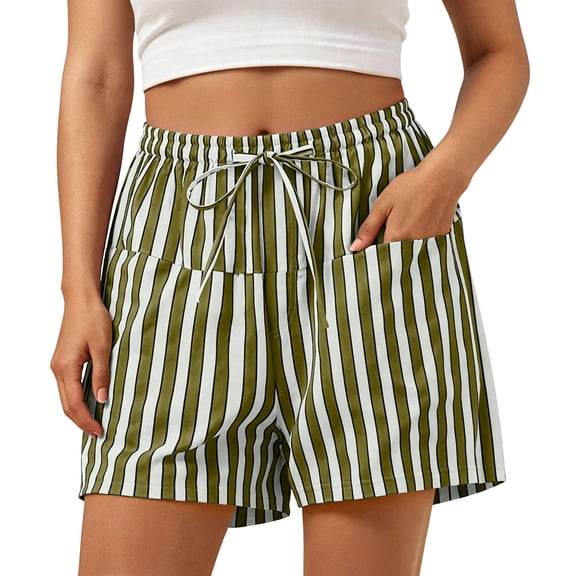 cocolona Womens Summer Casual High Waist Striped Beach Shorts Elastic Waist Straight Wide Leg Vacation Shorts with Pockets