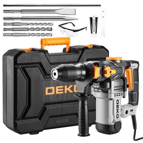 DEKO Rotary Hammer Drill | 12.5 Amp 1500W Motor | 4.5J Impact Energy | 4200 BPM | SDS Plus Chuck | 3 Functions Hammer Drill | 32mm Concrete Drilling Capacity | Includes Bits & Chisels