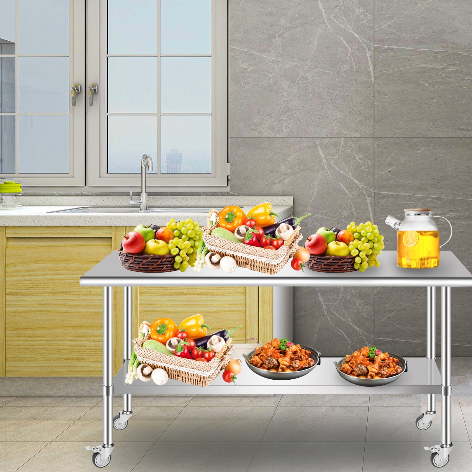 PRIJESSE Stainless Steel Work Table 48 x 30 Inch Stainless Steel Table w/ Undershelf, Casters, Commercial Kitchen Work & Prep Table