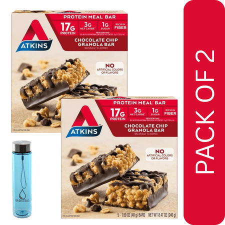 2 Pack Of Atkins Protein-Rich Meal Bar, Chocolate Chip Granola, Keto Friendly, 5 Count, With Blue Water Bottle By Value Nest