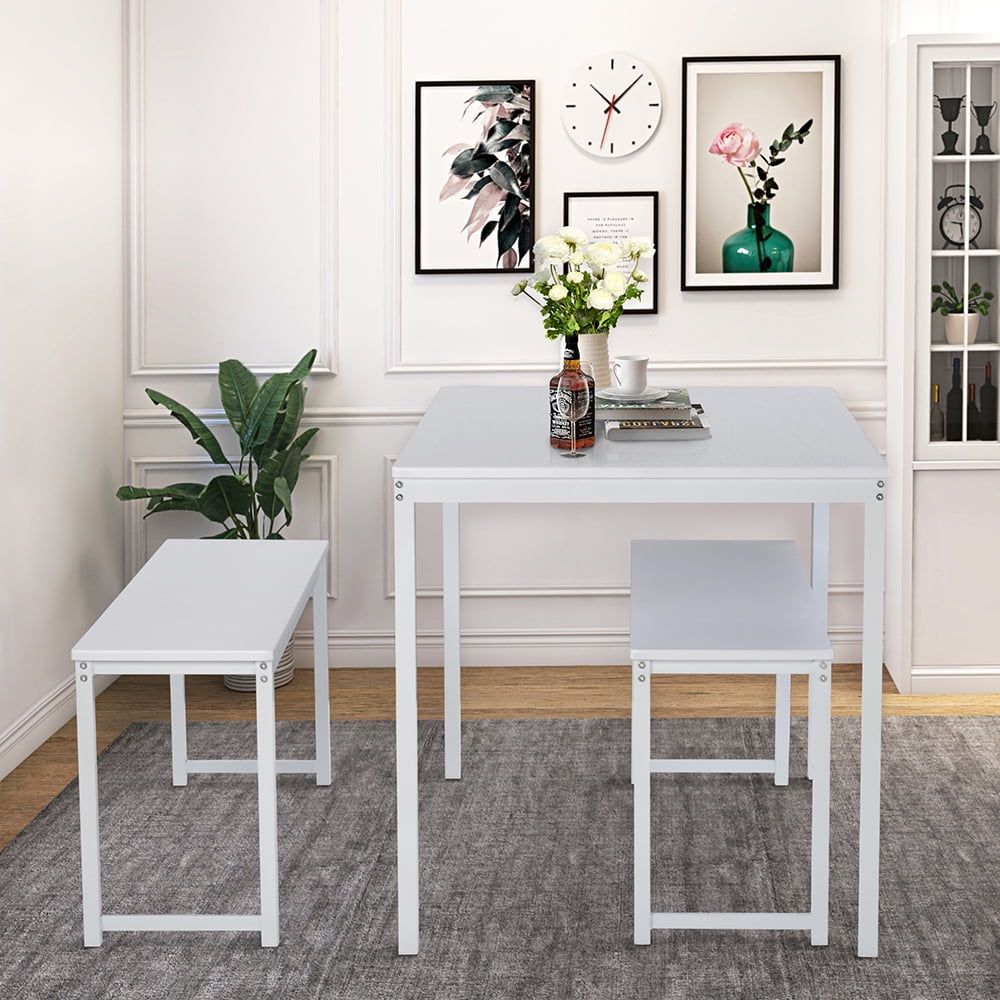 Kepooman 3-Piece Dining Table Set with Two Benches, White
