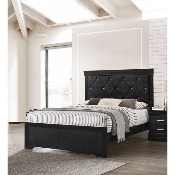 Modern 1pc Black Queen Bed | Crystal-Like Tufting | Upholstered