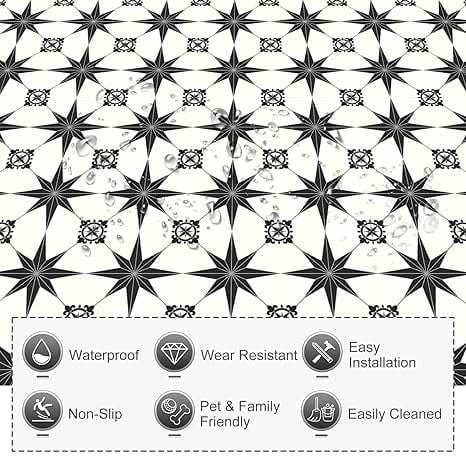MORCART 7.87" x 7.87" Peel and Stick Floor Tile, 20 PCS Self-Adhesive DIY Vinyl Flooring for Renters, Removable and Waterproof Tile Sticker for Bathroom, Kitchen, Staircase (Black Stellar)