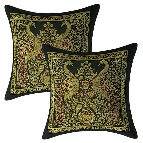 Stylo Culture Indian Decorative Sofa Black And Gold Christmas Pillow Covers Peacock Floral 12x12 Jacquard Weave Banarasi Throw Pillow Covers Brocade 30x30 cm Cushion Covers (Set Of 2)