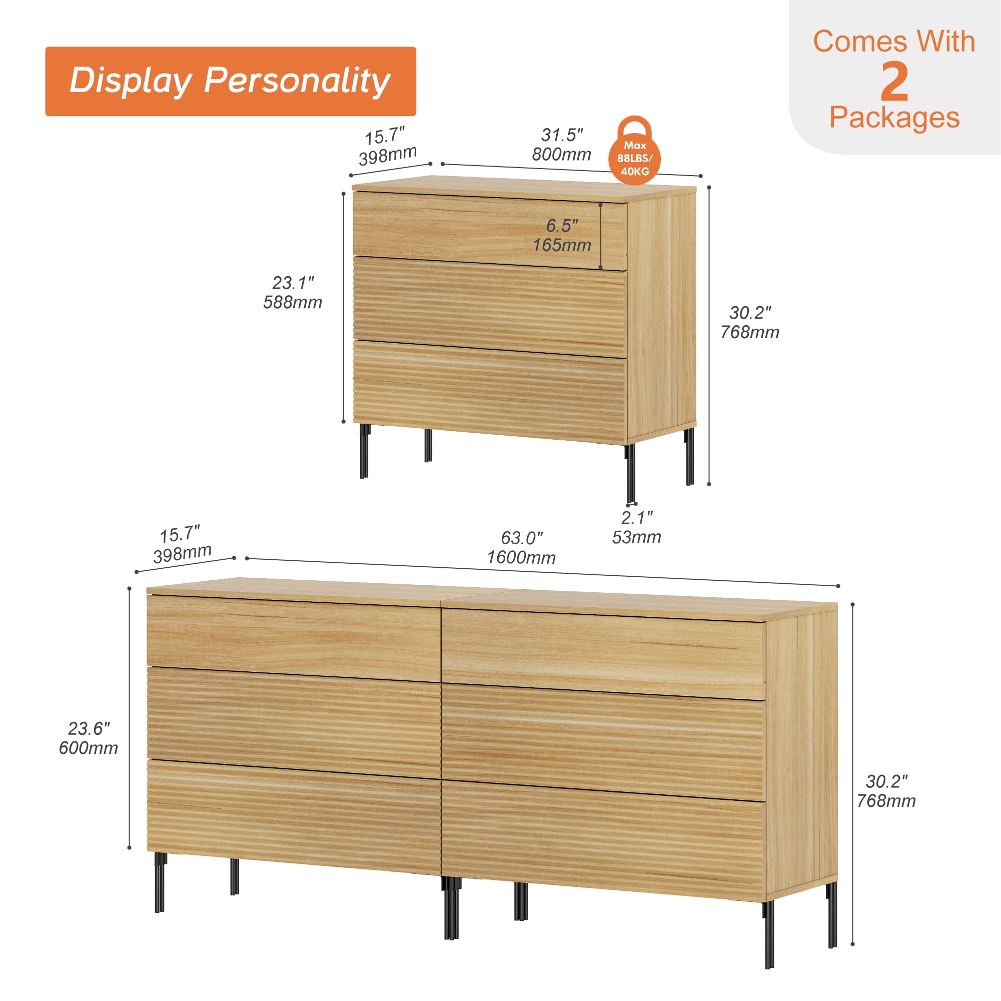 63" Wood Accent Chest Set with Drawers, Modern Credenza Storage Cabinet with Reeded Design for Living Room, Kitchen, Dining Room, Hallway