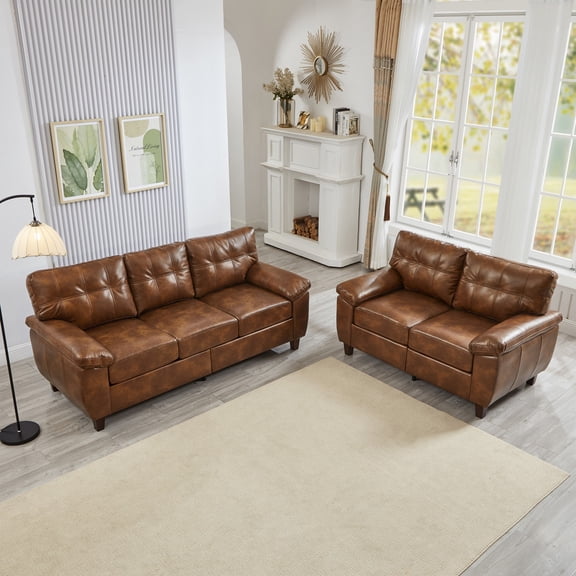 Aukfa 2-Piece PU Leather Sofa Set, Vintage 3-Seater Couch and Loveseat with Storage Space, Upholstered Living Room Furniture Set, Brown