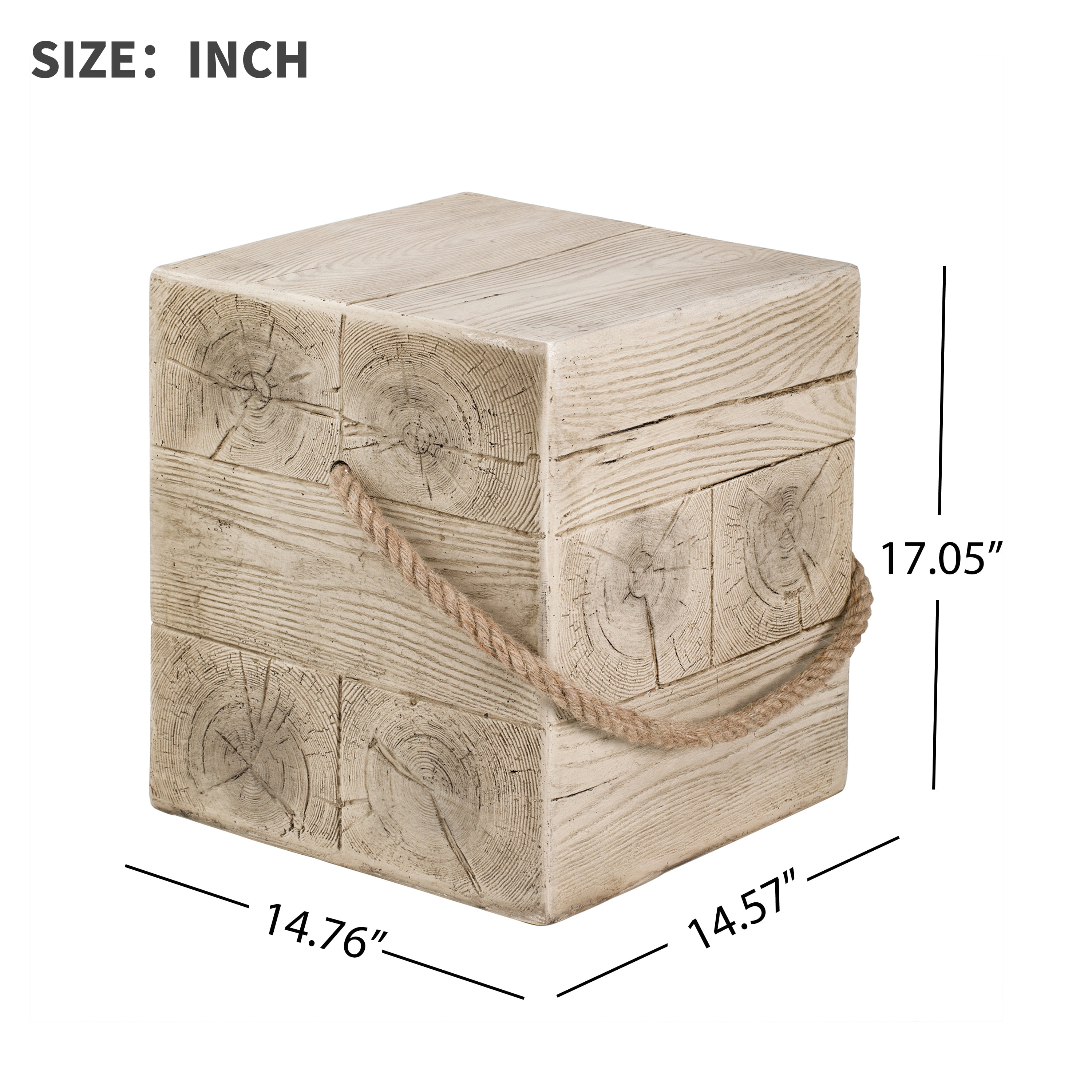 Outdoor Wood Grain Square MGO Side Table with Simulated Braided Cord, Indoor Retro End Table for Home & Patio Decor