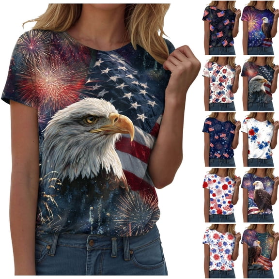 felwors Women's Patriotic USA Flag & Bald Eagle Fireworks T-Shirt – Short Sleeve Crew Neck Casual 4th of July Tee for Outdoor Gatherings (Light Blue, XL)