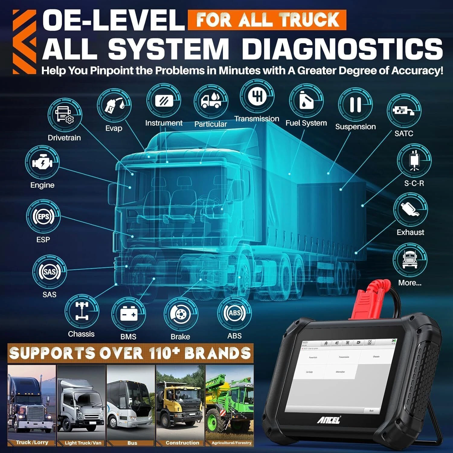 ANCEL V5 HD Diesel Heavy Duty Truck OBD2 Scanner Bi-Directional Full System Diagnostic Scan Tool Code Reader with 40+ Resets, D-P-F Regen for Truck & Commercial Vehicle