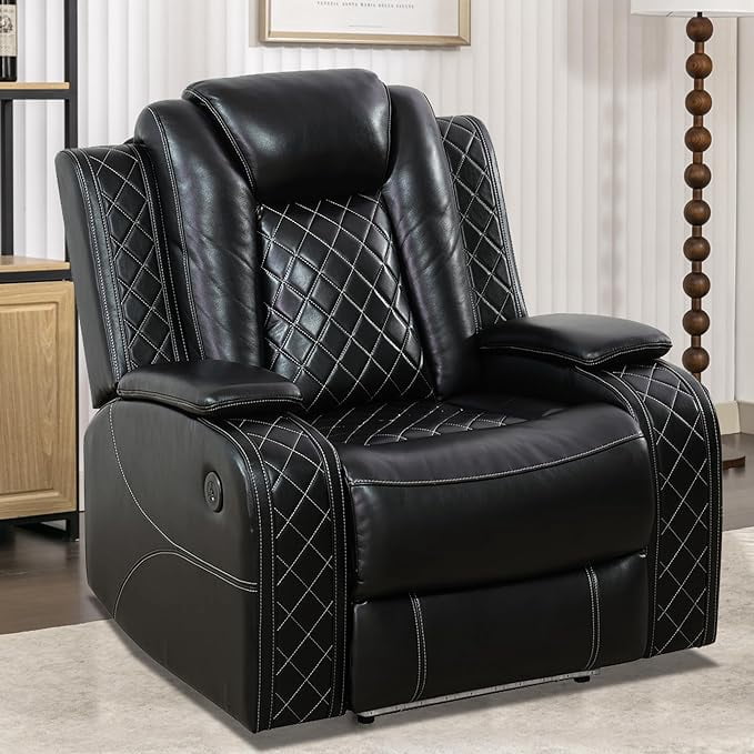 TrumanPick Power Air Leather Recliner Sofa Set with LED Lights Couches for Living Room with USB Port, Black