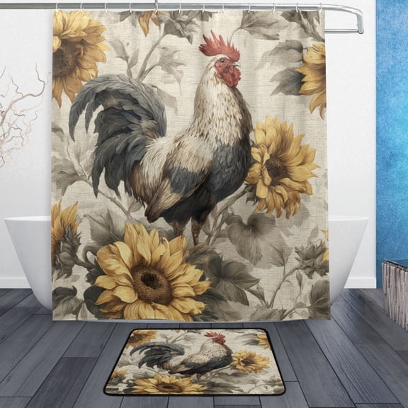 TTYFWHD 60" x 72" Shower Curtain and Bath Mat Set Rooster and Sunflowers Waterproof Bathroom Curtain with 12 Hooks, Bathroom Decor Set