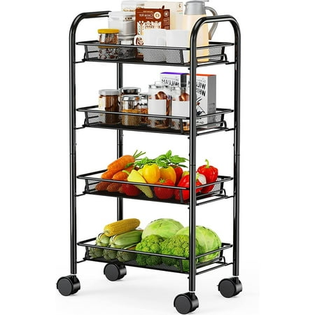 Zimtown Mesh Wire Rolling Cart, 4 Tier Multifunction Storage Utility Cart Organizer with 4 Wire Baskets for Home, Office, Kitchen, Black