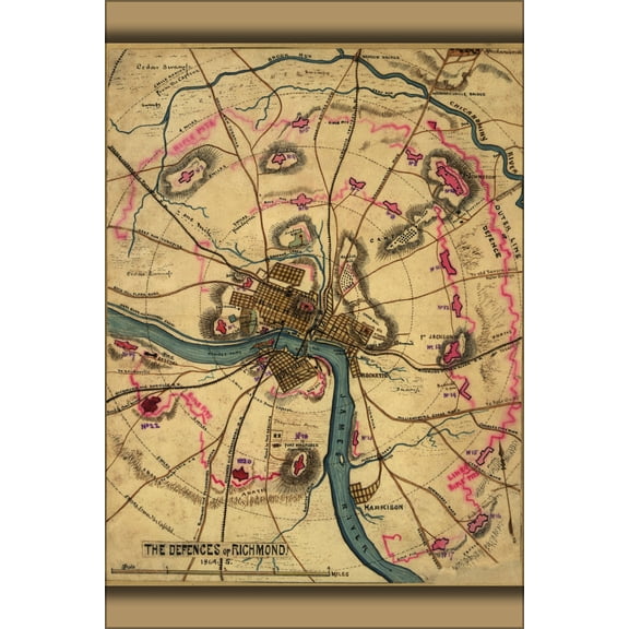 24"x36" Gallery Poster, map of defenses of Richmond virginia 1864