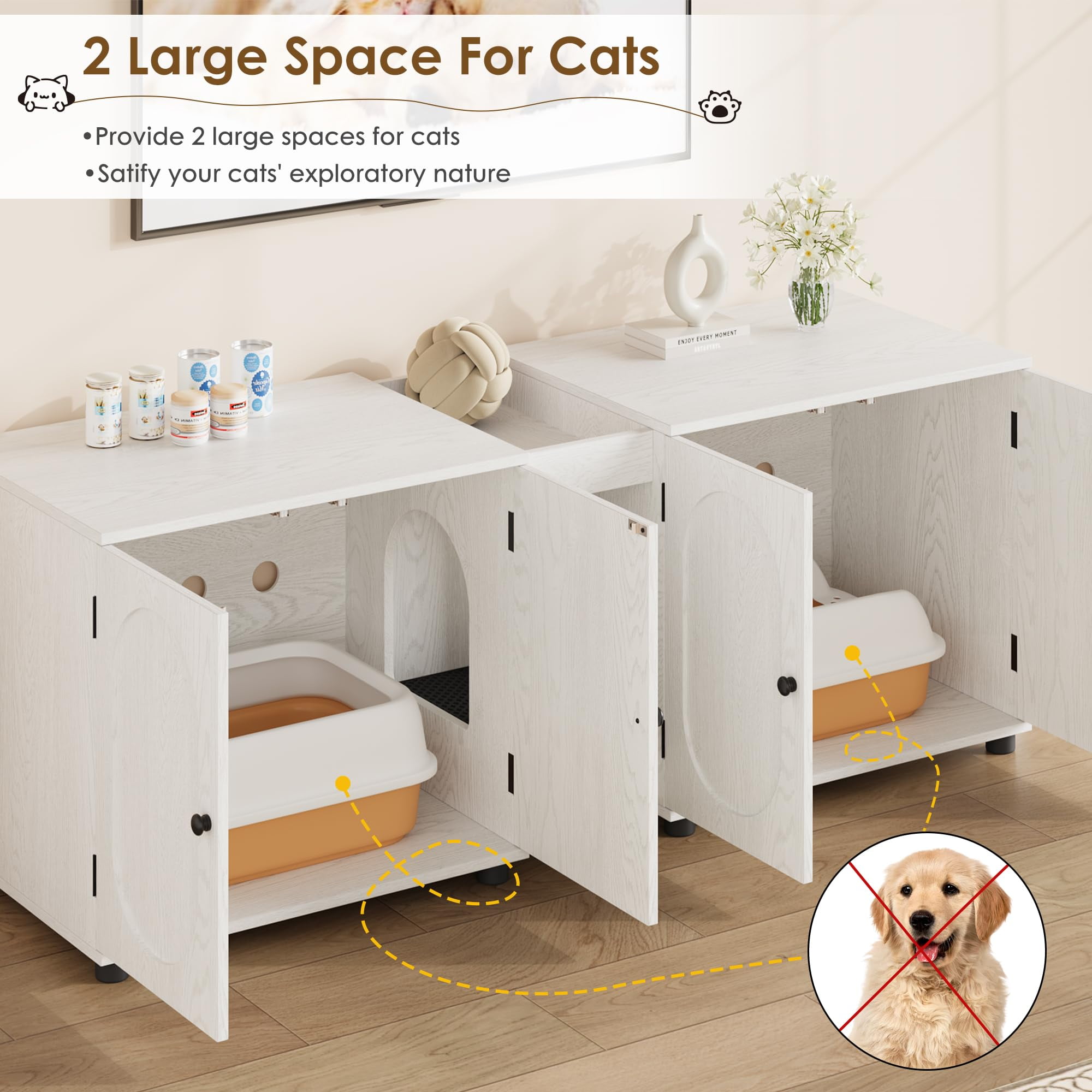 TROPOW Cat Litter Box Enclosure 55.1" Double Litter Box Furniture Large Cat Box Enclosure Kitty Litter Box for 2 Cats Hidden Cat Litter Cabinet Double Cage with Cat Litter pad Rattan Door,White