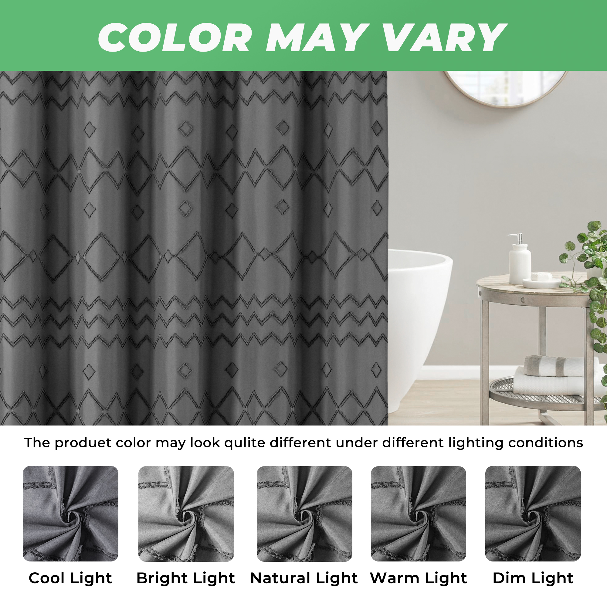Seasonwood Gray Shower Curtain with Hooks,Extra Long Heavy-Duty Weighted-Hem Fabric Bathroom Curtain,Water-Repellent, Machine-Washable,72"x96"