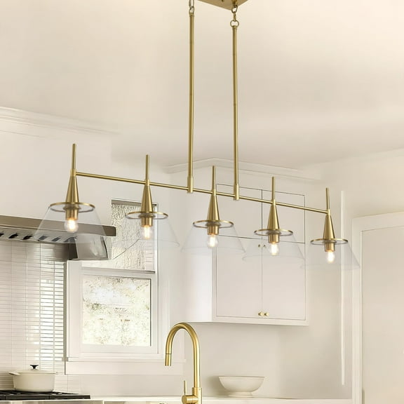 Brushed Brass Linear Chandelier - Adjustable 5-Light Kitchen Island Pendant with Seed Glass Shades