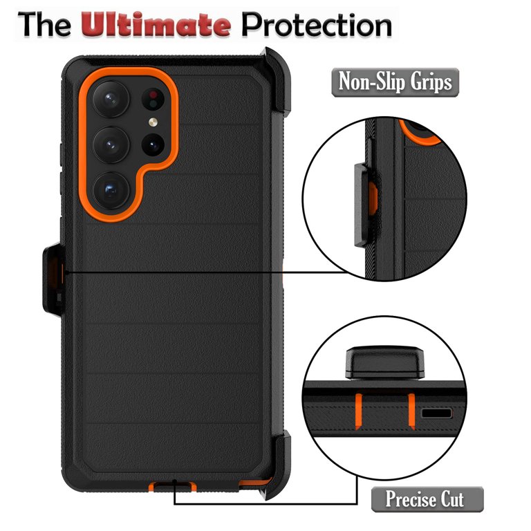 Samsung Galaxy S23 Ultra Case with Belt-Clip Holster ,Njjex Heavy Duty  Shockproof Armor Protector Full Body Protection Kickstand Cover - Black +  Orange 
