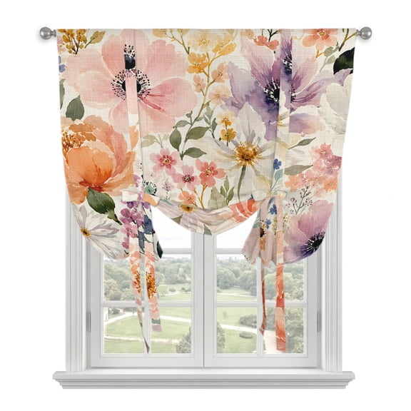 Colorful Flowers Tie Up Curtains 45 Inches Long, Kitchen Window Curtains Over Sink, Spring Floral Summer Botanical Rustic Small Window Curtains Balloon Curtains Valances for Bedroom/Cafe 34"x45"