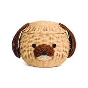 Dog Head Rattan Storage Basket with Lid Decorative Bin Home Decor Hand Woven Shelf Organizer Cute Handmade Handcrafted Gift Art Artwork Wicker Puppy