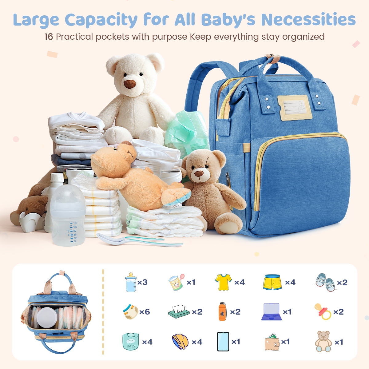 Diaper Bag Backpack, Multifunctional Baby Changing Bag with Foldable Crib & Insulated Milk Bottle Pocket, Large Capacity Travel Backpack with USB Charging Port & Stroller Strap (Blue)