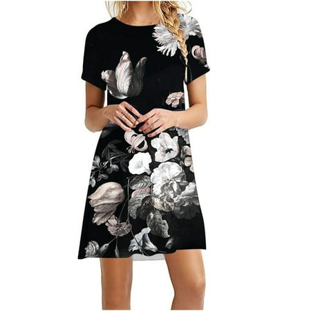 

YanHoo Women s Summer Dresses Holiday Short Sleeve Tshirt Dress Ladies Petite Girls Floral Print Dress