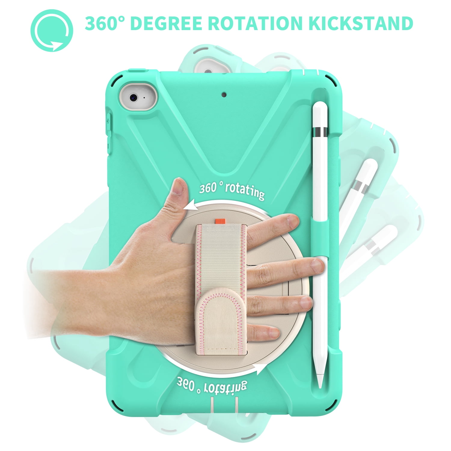 Allytech iPad Mini 5 Case Kids, iPad mini 4 Case with Screen Protector, Heavy Duty Protection Rugged Kids Friendly Shockproof Kickstand Pencil Holder Case Cover for Apple iPad mini 4/ mini 5,Mint