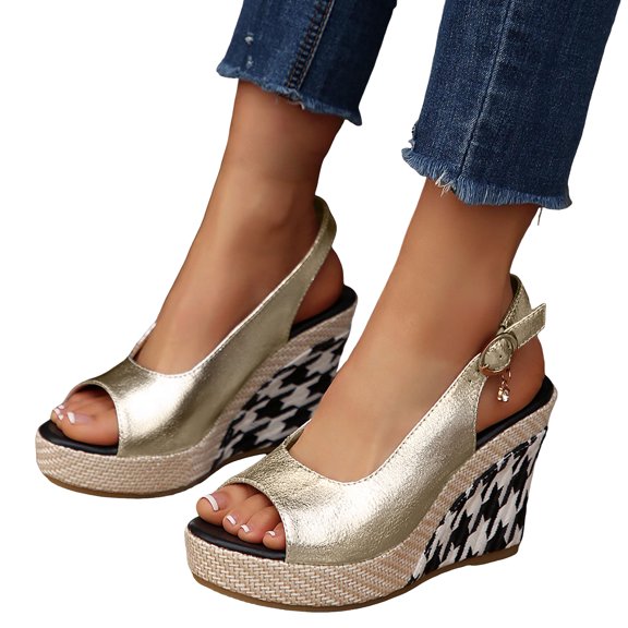 Rokment Women's Metallic Checkered Wedge Heeled Dressy Sandals Vintage Fashion Casual Leather Platform Chunky High Heels Slingback Summer Dress Shoes for Ladies Banquet Gold Size 6.5
