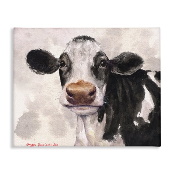 Stupell Industries Farmhouse Cute Cow with Abstract Background Canvas Art, 20 x 16, by George Dyachenko