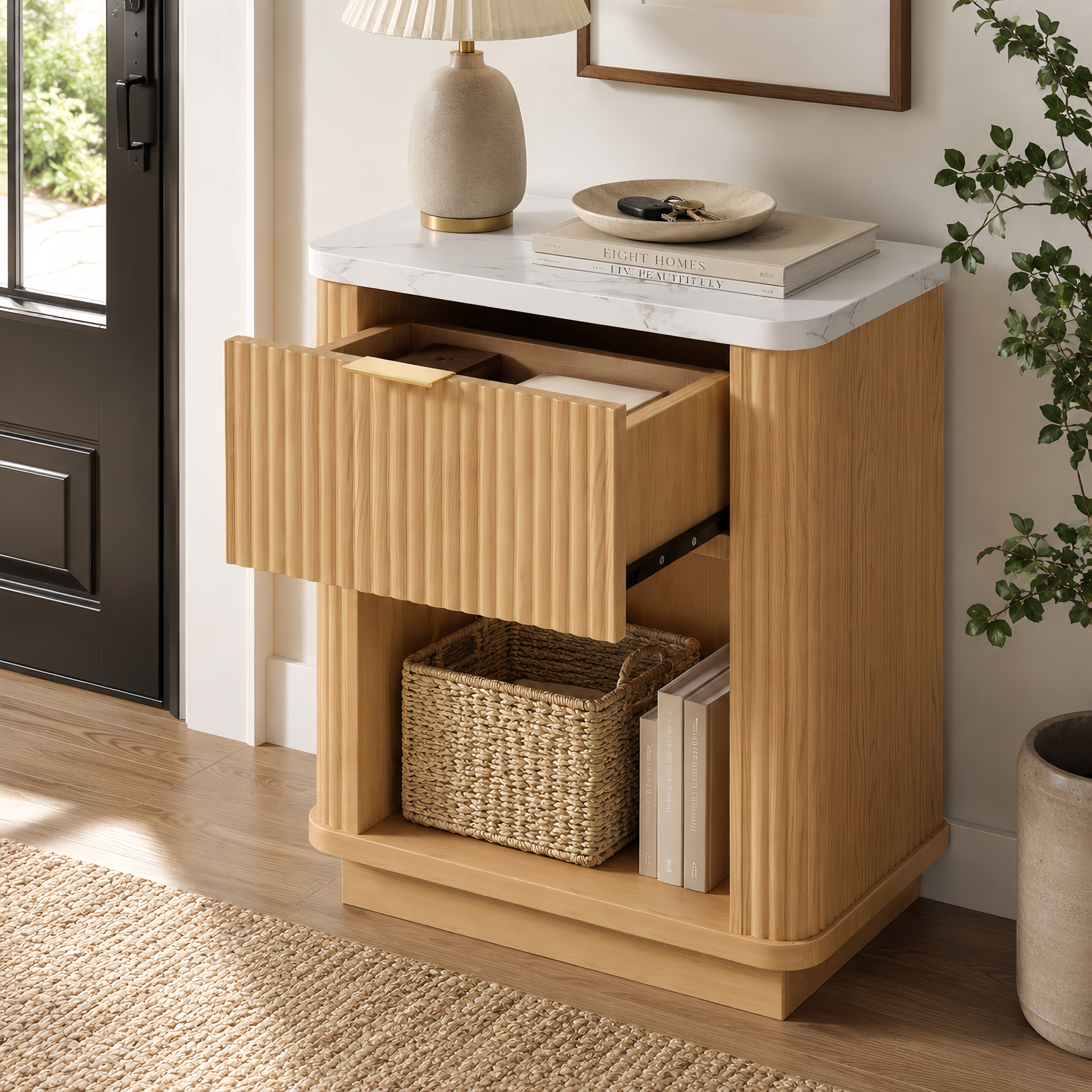 Fluted Nightstand with Storage Drawer and Open Shelf, Faux Marble-Look Top, Gold-Tone Handle, Modern Bedside Table and End Table for Bedroom, Guest Room, Dorm and Living Room