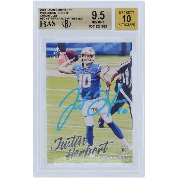 Justin Herbert Los Angeles Chargers Autographed 2020 Panini Luminance Powder Blue #203 Beckett Fanatics Witnessed Authenticated 9.5/10 Rookie Card - Fanatics Authentic Certified