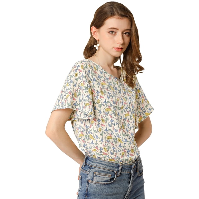 Blusa De Gasa Con Cuello Redondo Y Manga Corta Con Estampado De Mariposa Para Mujer Beige M