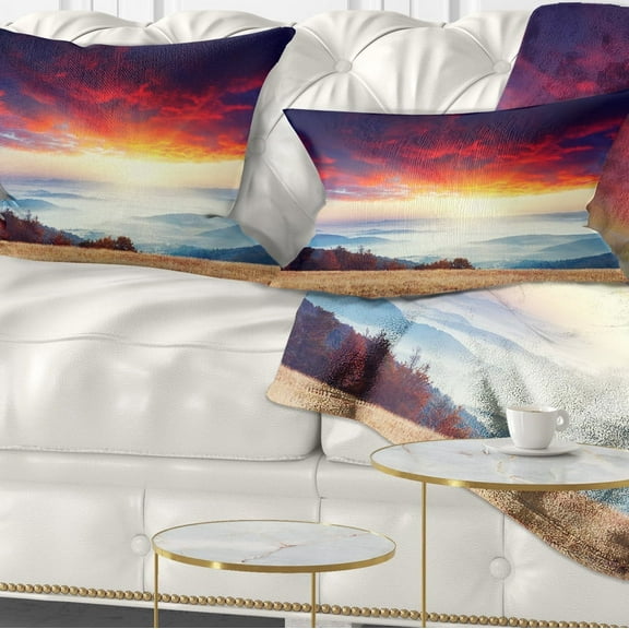 Designart Colorful Clouds and Foggy Hills - Landscape Photo Throw Pillow - 12x20