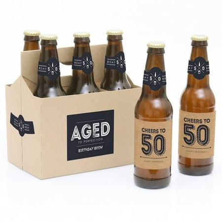 Label Carrier - 50th Milestone Birthday Party Decorations for Women and Men - 6 Beer Bottle Label Stickers and 1 Carrier