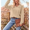 thumbnail image 3 of Solid Color V Neck Patch Pocket Waffle Knit Sweater for Women Beige Medium, 3 of 5
