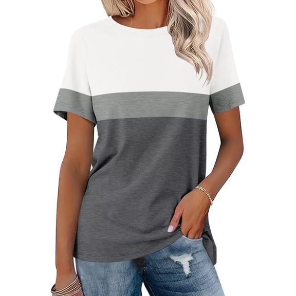 Summer Fashion Shirts for Womens Plus Size Casual Striped Printed T-shirt Round Neck Short Sleeve