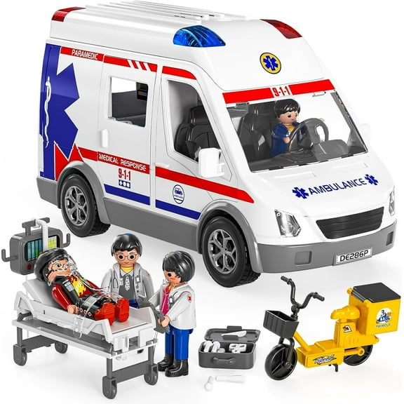 Playkidiz Push & Go Ambulance Toy Playset  Emergency Vehicle with Realistic Lights & Sounds, 4 Buildable Figures, Stickers, and Accessories for Ages 3 