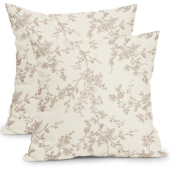 Floral Pillow Covers 18x18 Inch Tan and Cream Outdoor Decorative Throw Pillows Set of 2 Vintage Floral Pillowcase Chinoiserie Flower Pillow Cases for Couch Home Decor