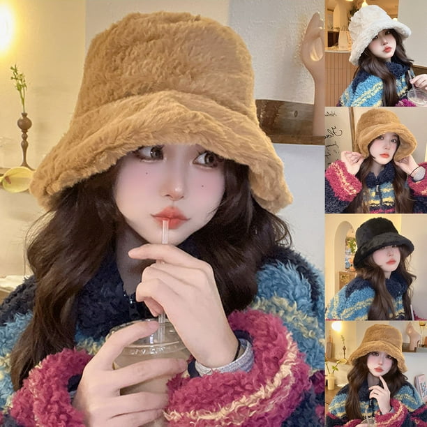 Airle Winter Bucket Hat Solid Color Fluffy Faux Rabbit Fur Ear Protection Soft Cold-Proof Thick Brim Sunscreen Women Winter Hat For Daily Life Beige