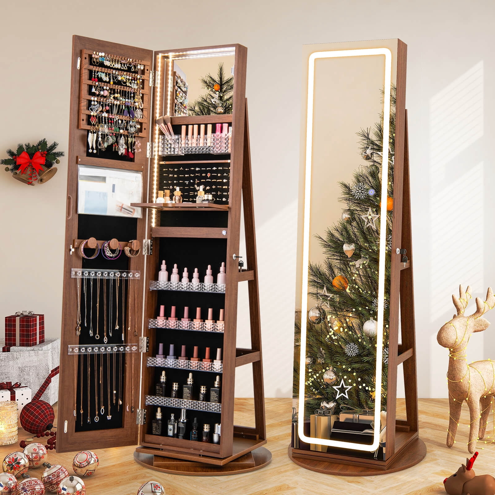 Costway 360° Swivel Jewelry Cabinet Organizer 3-Color LED Mirror with Built-in Lights Brown