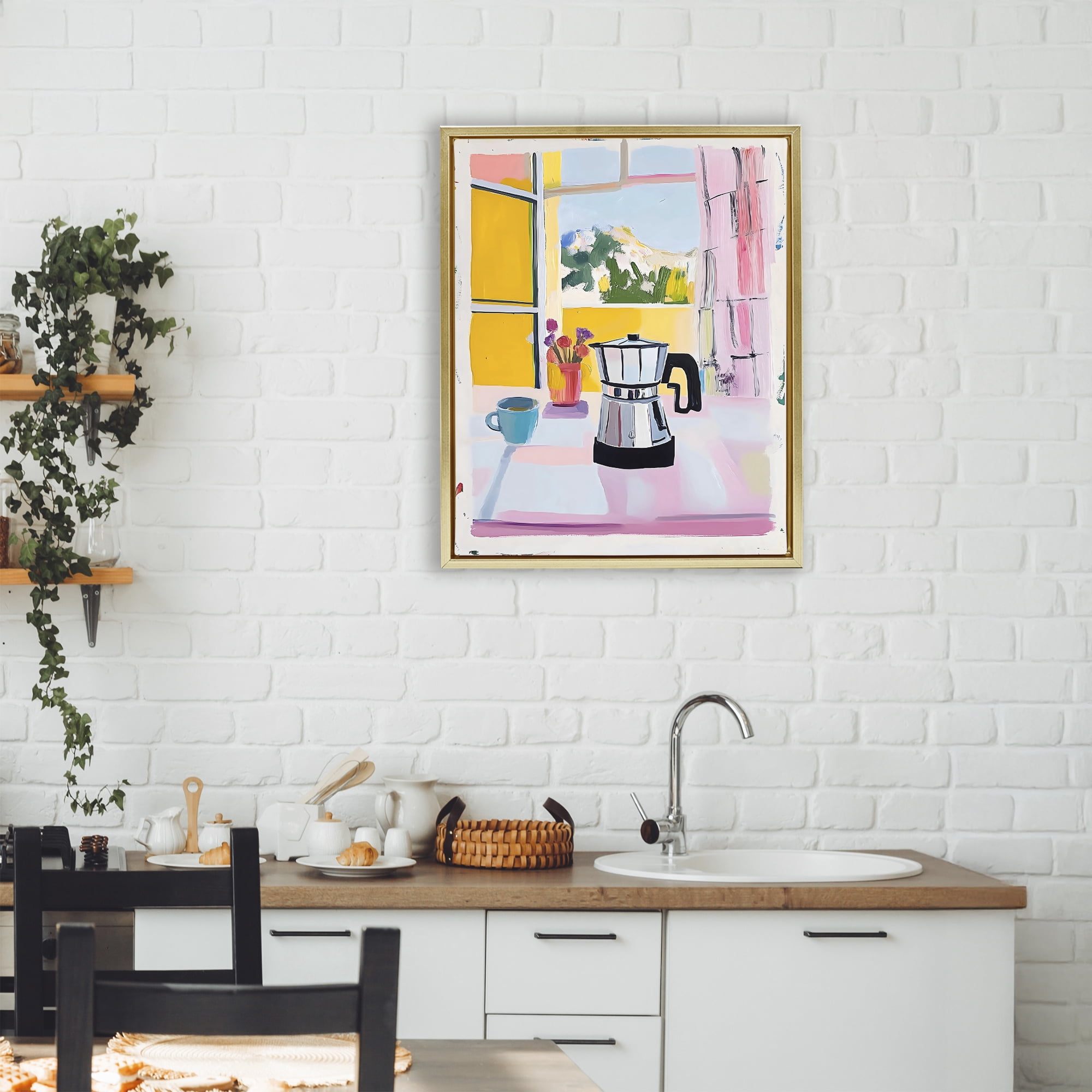 Stupell Industries Italian Moka Pot Kitchen Gold Framed Floater Canvas Wall Art, design by The Prints Vibe