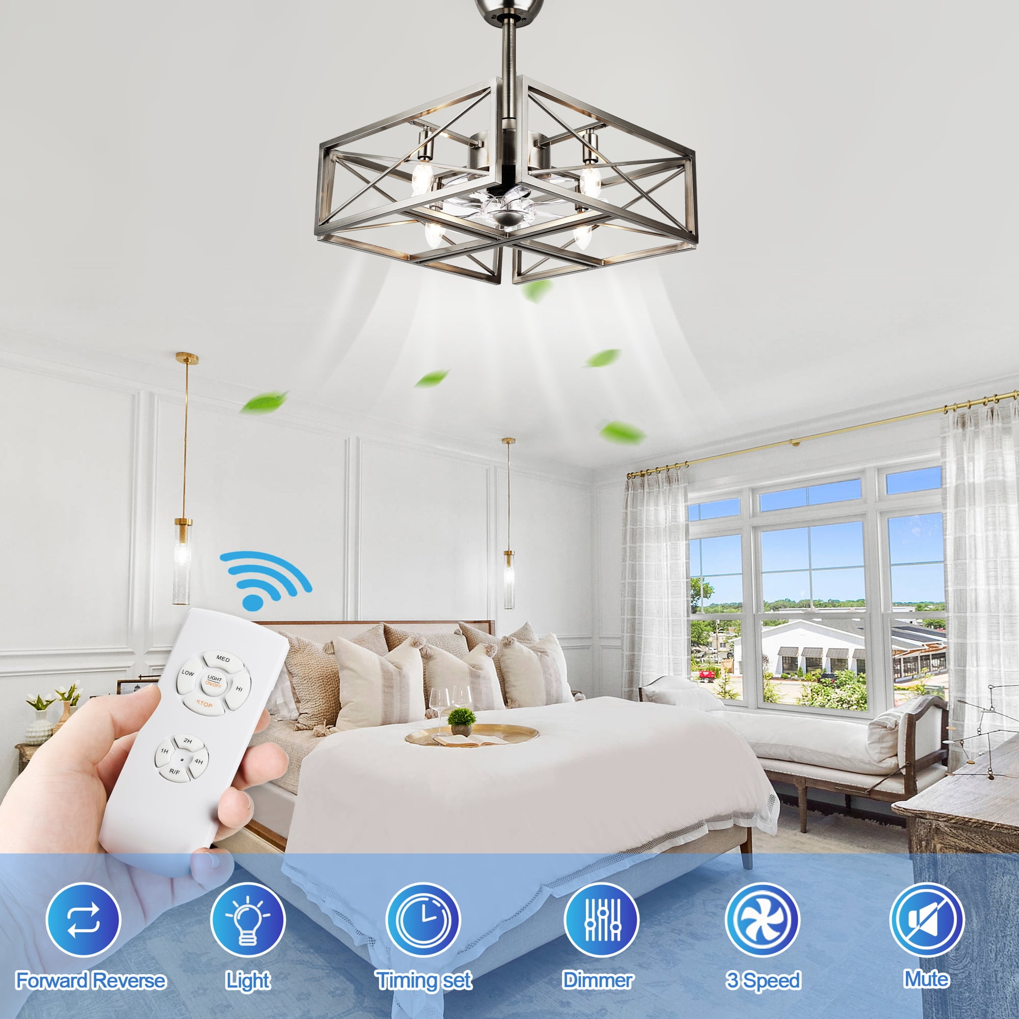 Cusp Barn 20'' Brushed Nickel Ceiling Fan with Lights, Modern Caged Chandelier Flush Mount Ceiling Fan for Bedroom Kitchen